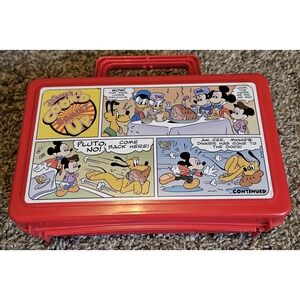 Vintage Disney Mickey Mouse Plastic Lunch Box Red Comic Strip Case Pluto Donald